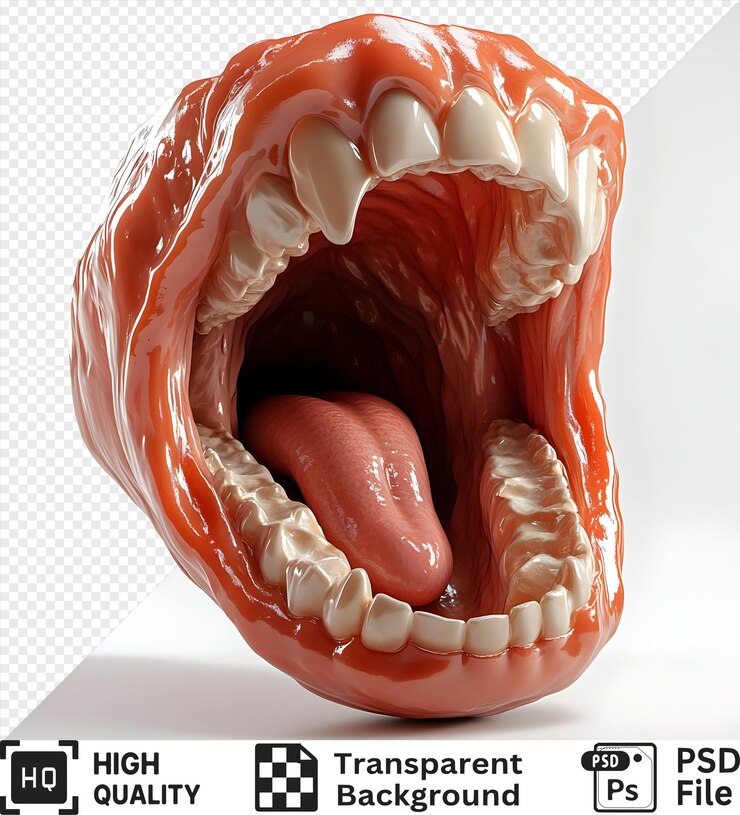 PSD renderización 3d realista de una boca humana abierta con dientes y lengua aislados en un fondo transparente