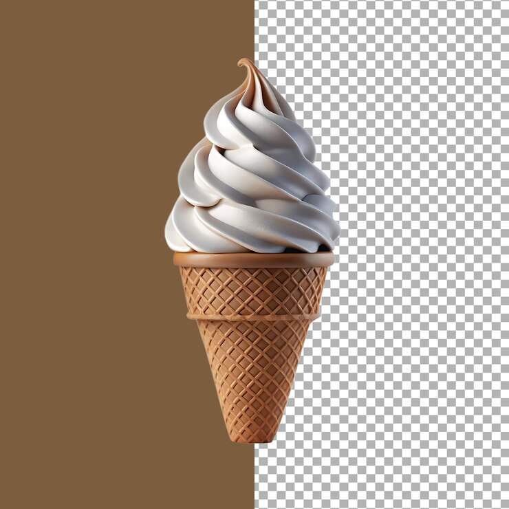 Renderización 3D realista de un cono de helado de vainilla con remolino de chocolate en un fondo transparente