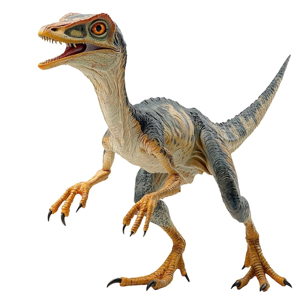 Renderización 3D realista de un dinosaurio Compsognathus en blanco