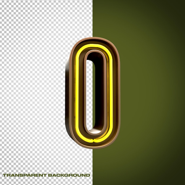 Renderización 3D realista del número de neón iluminado 0
