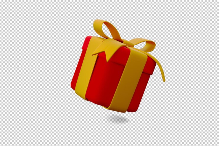 Renderización 3D del regalo de Navidad en rotación de color rojo a la derecha 34 fondo transparente