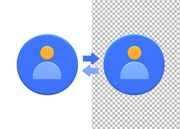 Renderización 3D de relaciones públicas azules y amarillas o relaciones de redes de personas sociales para el diseño de UI UX