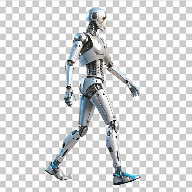 Renderización 3D de un robot humanoide que camina aislado sobre un fondo transparente