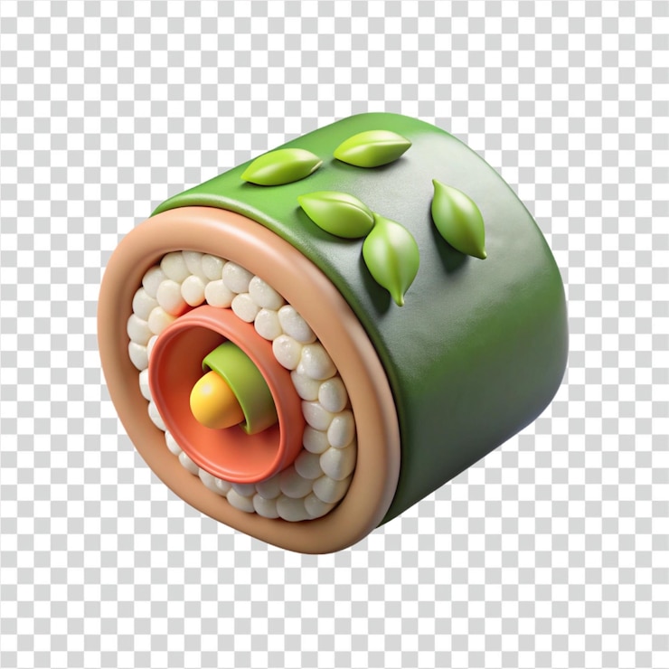 PSD renderización 3d de un rollo de sushi abstracto con hojas verdes
