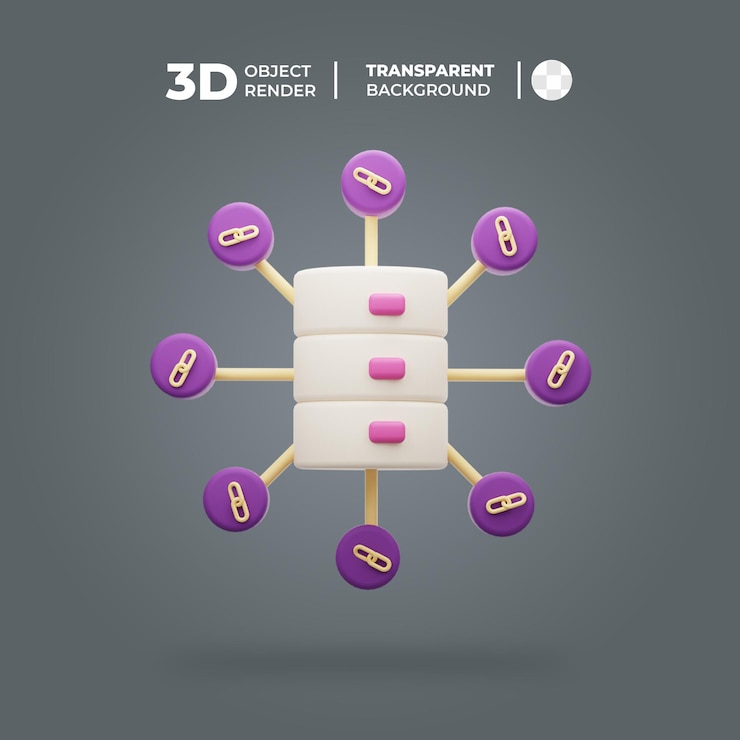 PSD renderización 3d de un servidor que se conecta a múltiples enlaces en un fondo transparente