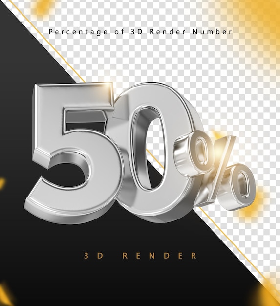 Renderización 3D del símbolo del 50 por ciento en plata