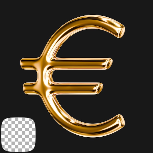 Renderización 3D del símbolo del euro en oro sobre un fondo transparente