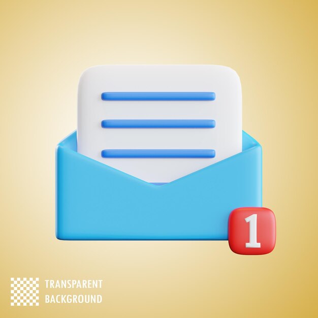 Renderización 3D de un sobre abierto con una notificación de nuevo mensaje