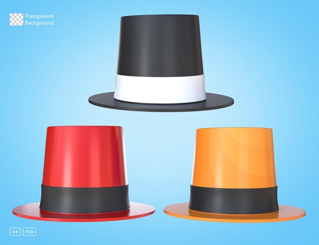 Renderización en 3D de sombreros de carnaval rojos, negros y naranjas