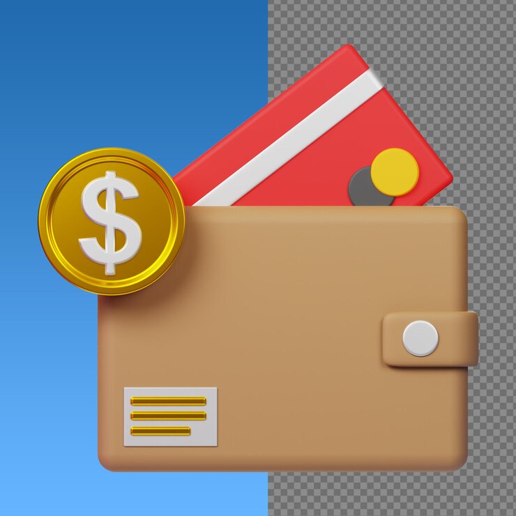 Renderización 3D de tarjetas de crédito de billetera y monedas que representan las finanzas