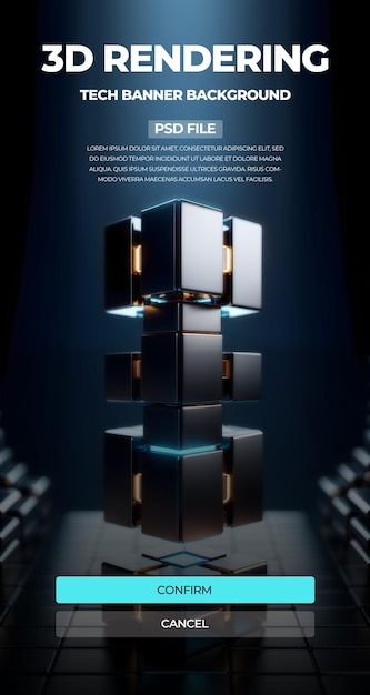Renderización 3D de tech cubo póster elementos de fondo psd imagen en capas