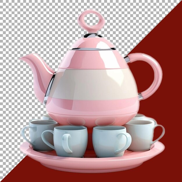 Renderización 3D de una tetera y tazas en un fondo transparente generado por Ai