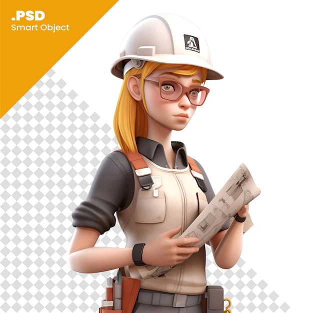 PSD renderización en 3d de una trabajadora de la construcción aislada en una plantilla de psd de fondo blanco
