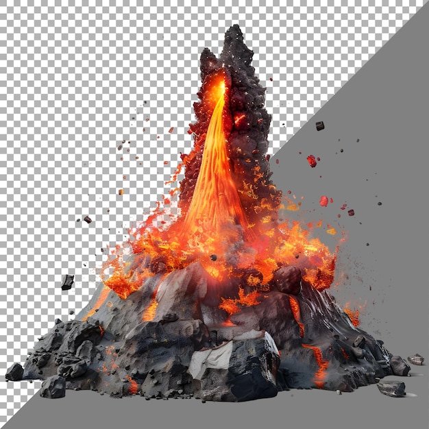 Renderización 3d de un volcán con lava en un fondo transparente generado por ai