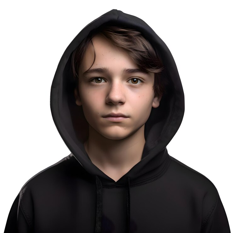 PSD renderización digital en 3d de un adolescente con capucha aislado en un fondo blanco