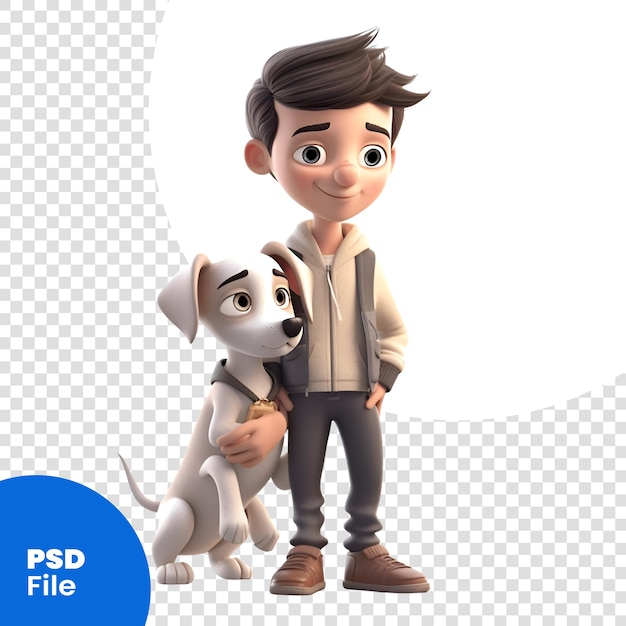 PSD renderización digital 3d de un adolescente con un perro aislado en una plantilla psd de fondo blanco