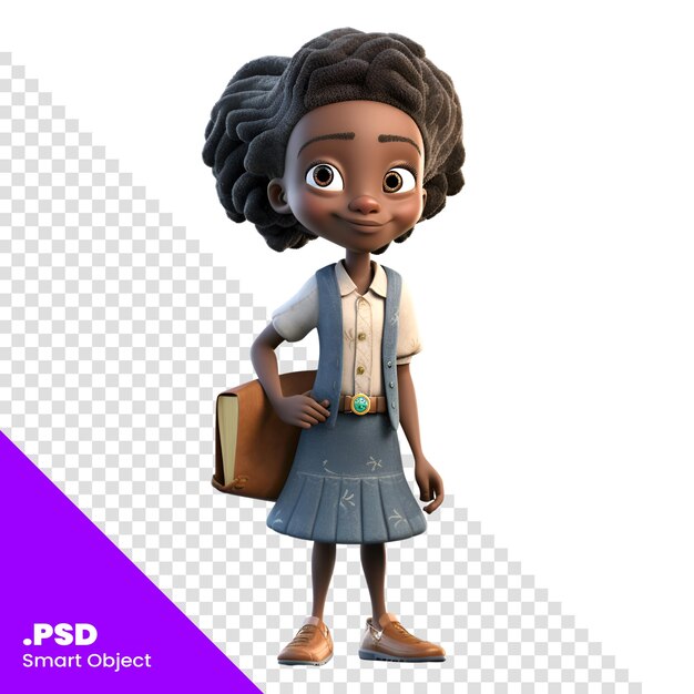 PSD renderización digital en 3d de una linda colegiala afroamericana aislada en un fondo blanco plantilla psd