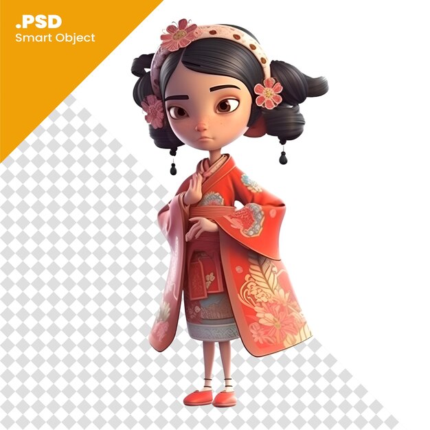 PSD renderización digital 3d de una linda muñeca kokeshi aislada en una plantilla psd de fondo blanco