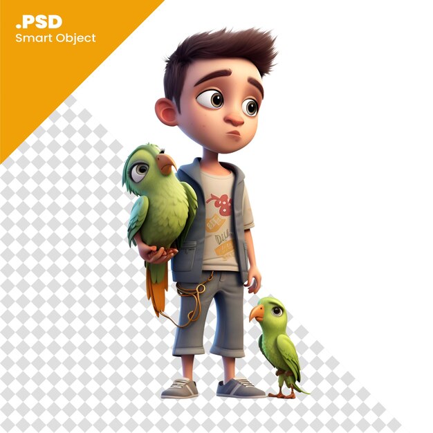 Renderización digital en 3d de un niño lindo con loros aislados en una plantilla psd de fondo blanco