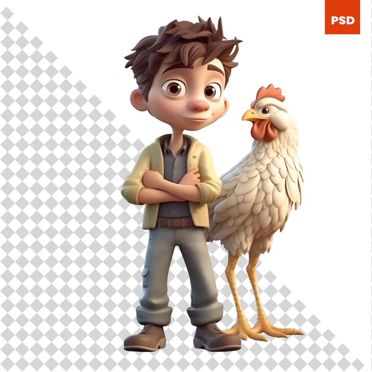 PSD renderización digital 3d de un niño con un pollo aislado sobre un fondo blanco