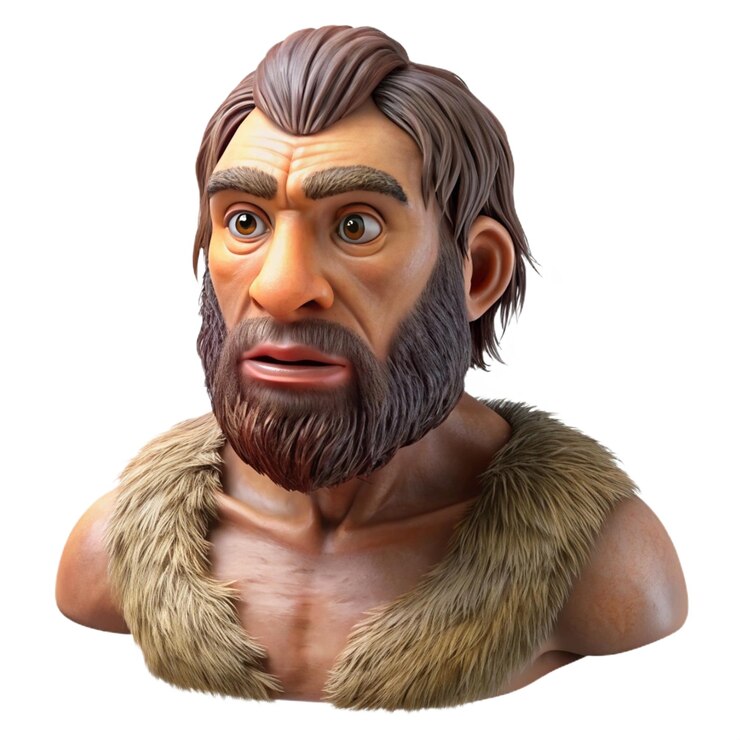 PSD renderización digital de un hombre de neandertal con una barba robusta y gruesa y ropa de piel que simboliza