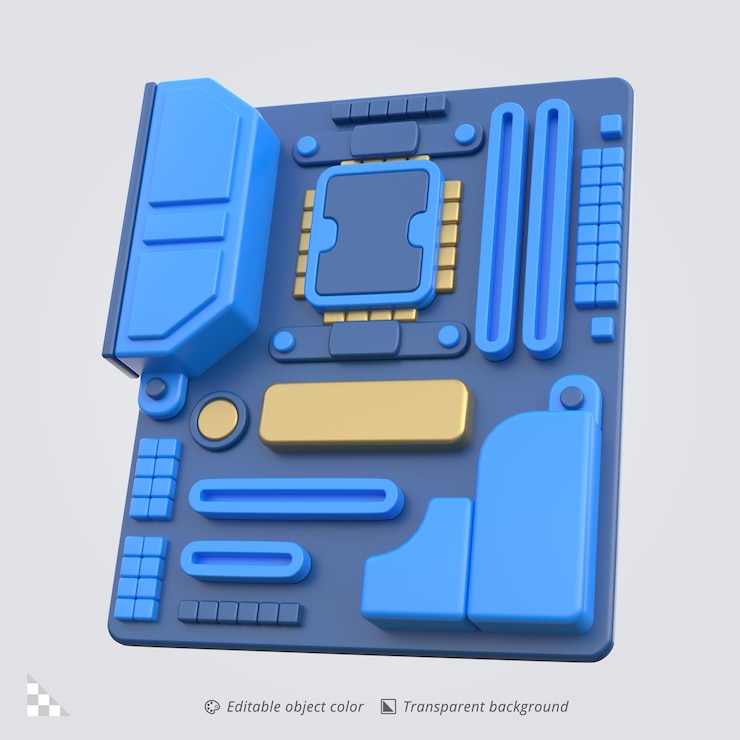PSD renderización de íconos 3d de una placa base de una computadora