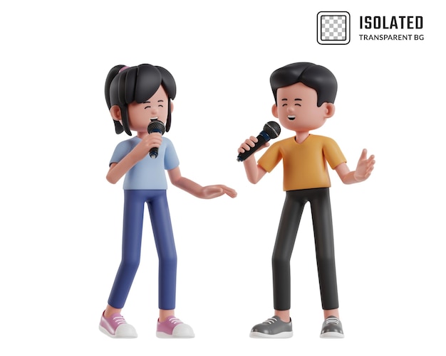 Renderización de personajes 3D de dos simpáticos personajes de dibujos animados cantando juntos en una divertida ilustración 3D