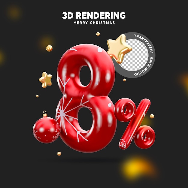 Renderización PSD 3d del número 8 por ciento con bola de Navidad y elementos dorados