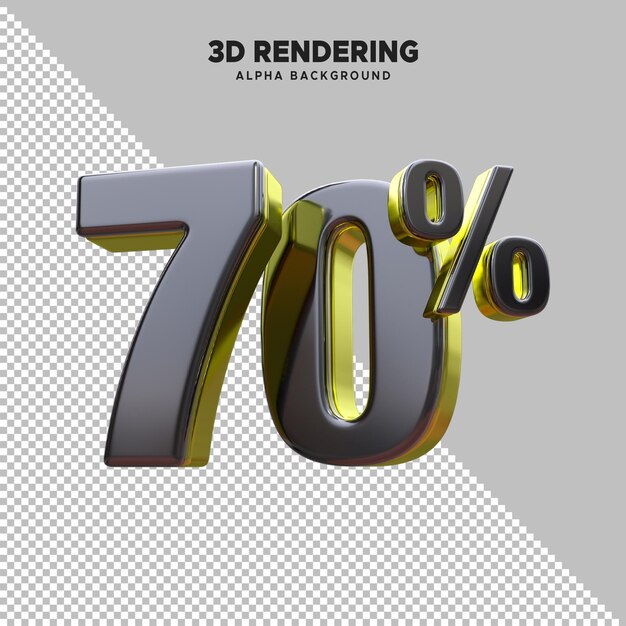 Renderización PSD 3D del número premium negro y dorado del 70 por ciento