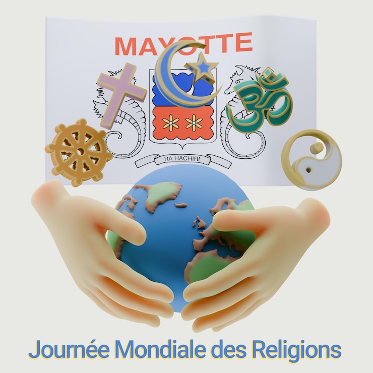 PSD renderizaciones 3d elevadas del día mundial de las religiones escritas en lengua y banderas de mayotte