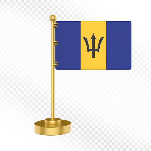 Renderizado en 3D de la bandera de Barbados en un soporte dorado