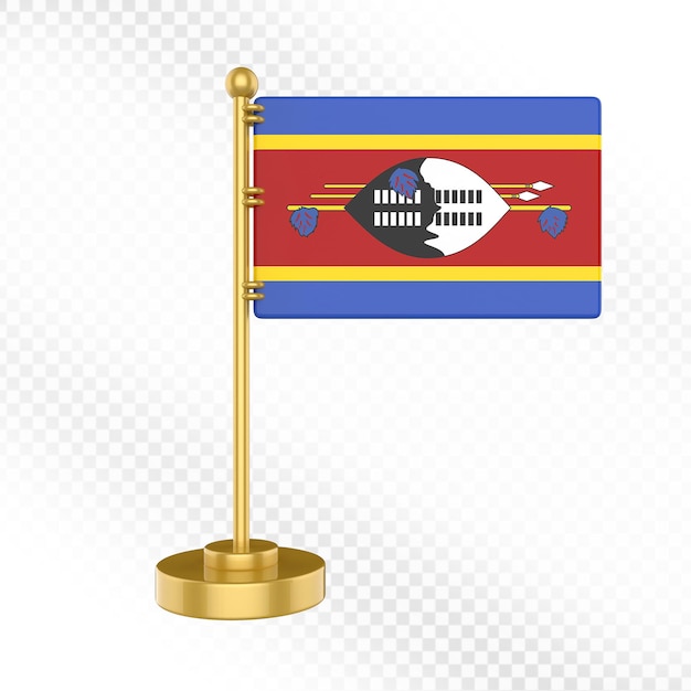 Renderizado en 3D de la bandera de Eswatini en el soporte dorado
