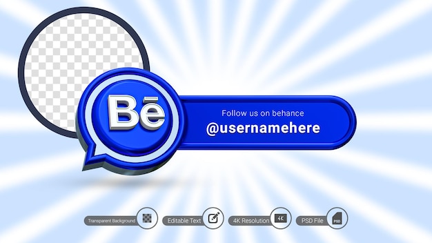 Renderizado en 3D de Behance Síguenos Etiqueta aislada Icono de banner de redes sociales Premium Psd