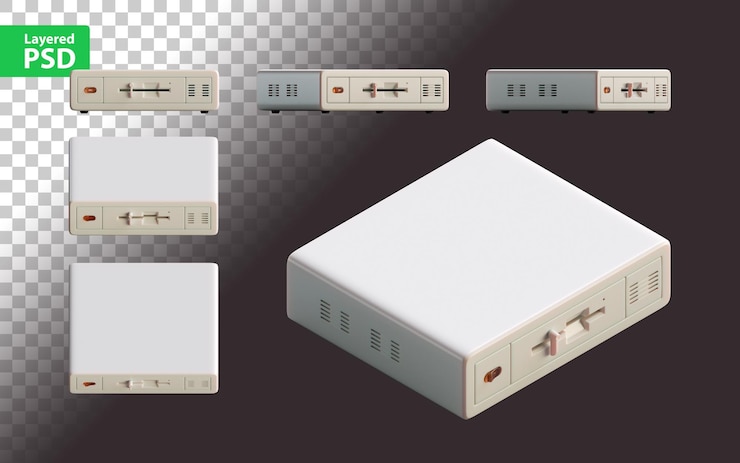 PSD renderizado en 3d de un bloque de sistema informático antiguo conjunto de varias vistas planas e isométricas