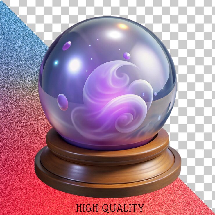 PSD renderizado en 3d de una bola de cristal con remolinos púrpuras y luces brillantes