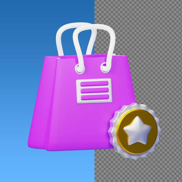 Renderizado en 3D de una bolsa de compras con una insignia de estrella