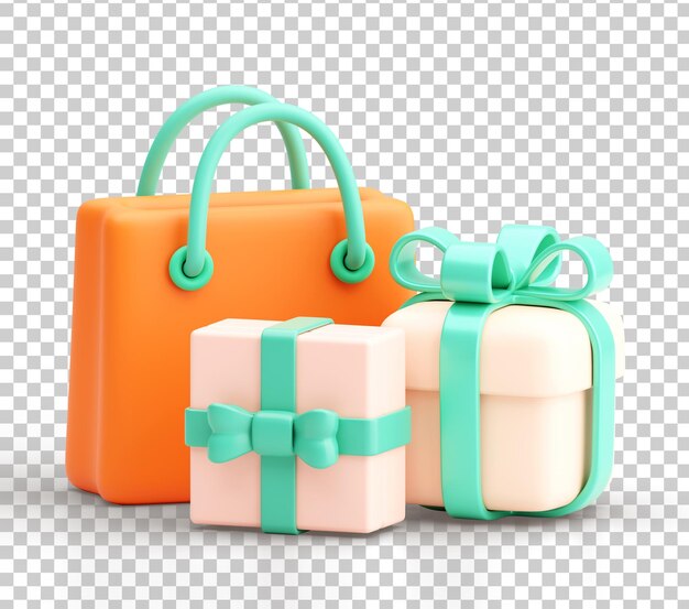 Renderizado en 3D de una bolsa de compras naranja con cajas de regalo pastel