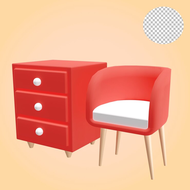 Renderizado en 3D del buffet y la silla