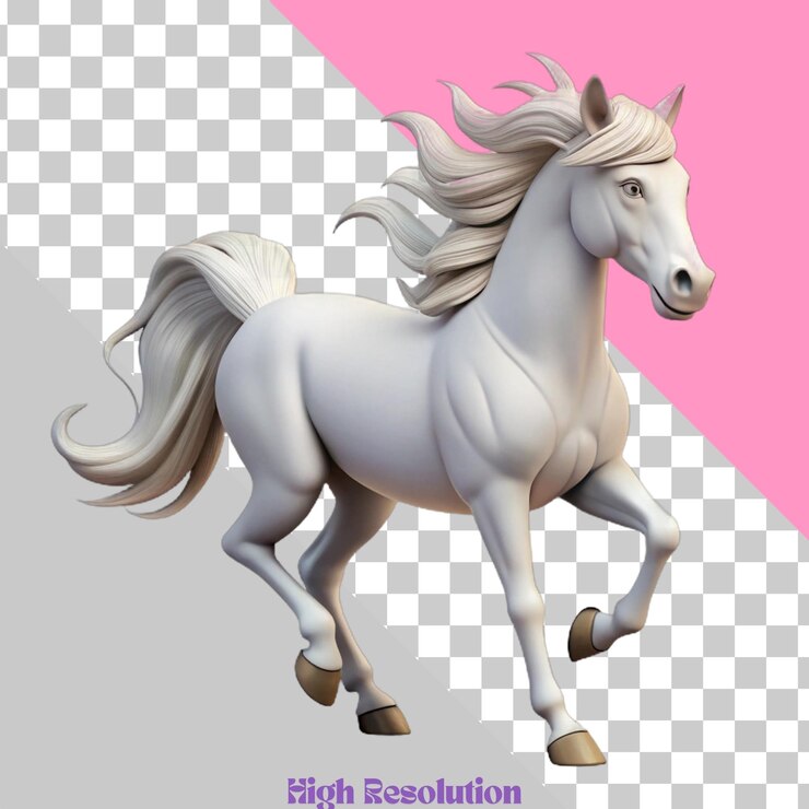 PSD renderizado en 3d de un caballo blanco con crina y cola fluidas en un fondo rosado y gris