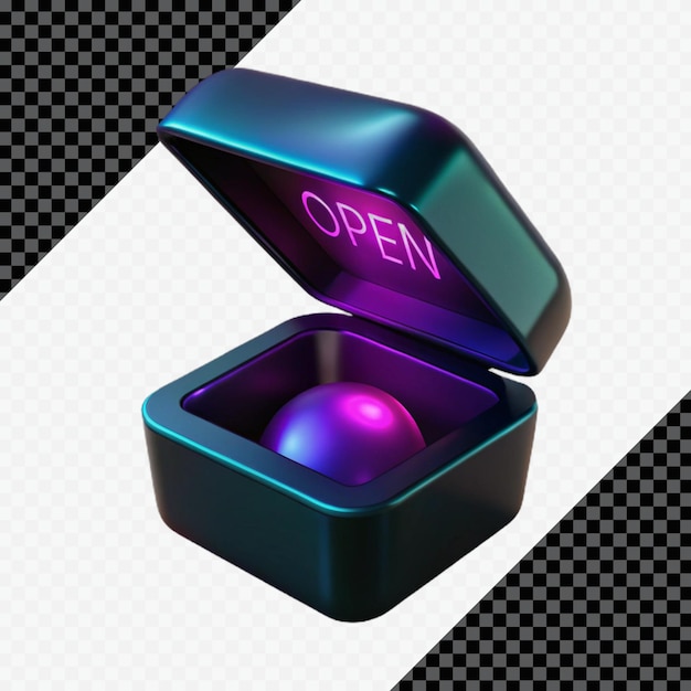 Renderizado en 3D de una caja abierta y brillante con una perla en el interior