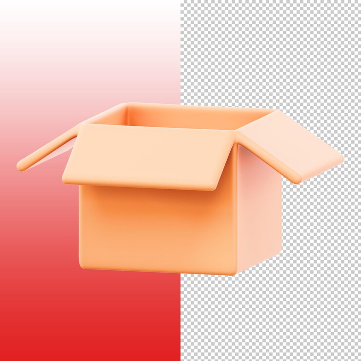 Renderizado en 3D de una caja de cartón abierta aislada sobre un fondo blanco