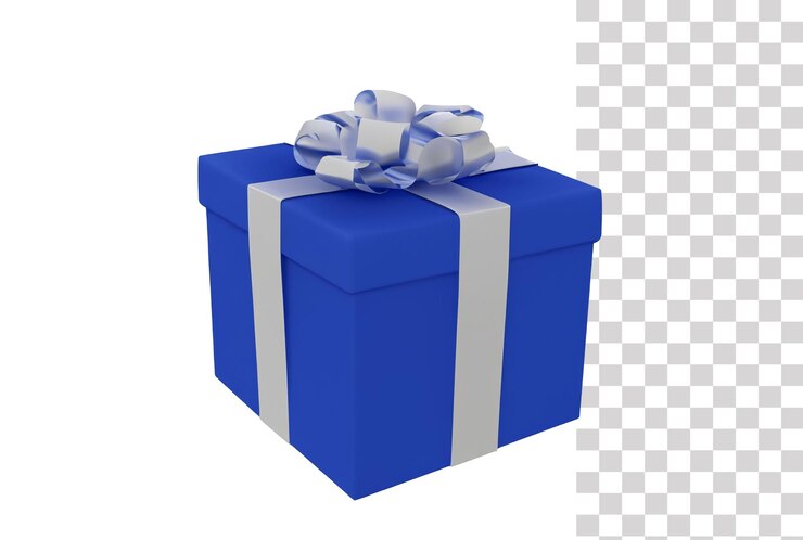 Renderizado en 3D de una caja de regalo azul con cinta plateada sobre un fondo transparente