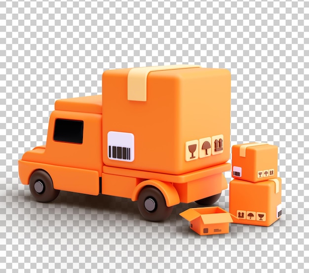 Renderizado en 3D de un camión de entrega naranja con cajas de paquetes en un fondo transparente