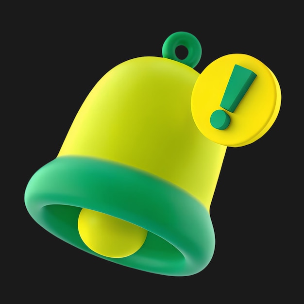Renderizado en 3D de una campana amarilla con un signo de exclamación verde