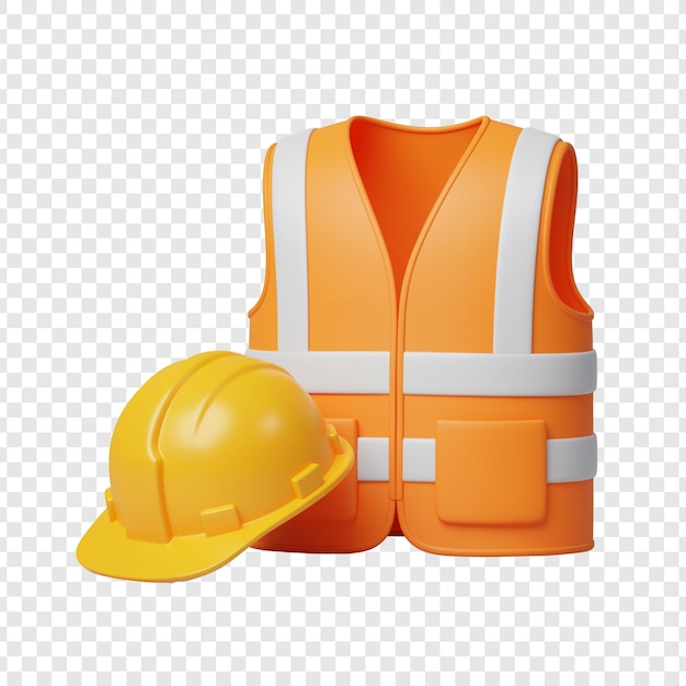 Renderizado en 3D de un casco de seguridad y un chaleco de seguridad para trabajadores de la construcción sobre un fondo transparente