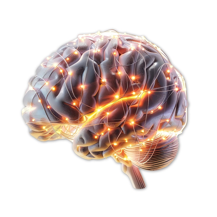 PSD renderizado en 3d de un cerebro humano futurista con conexiones neuronales brillantes sobre un fondo transparente