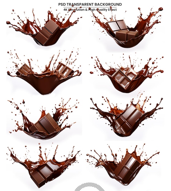 Renderizado en 3d de chocolate salpicado con una barra de chocolate sobre un fondo transparente