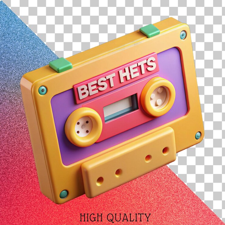 PSD renderizado en 3d de una cinta de cassette amarilla con las palabras 39best hits39 en ella
