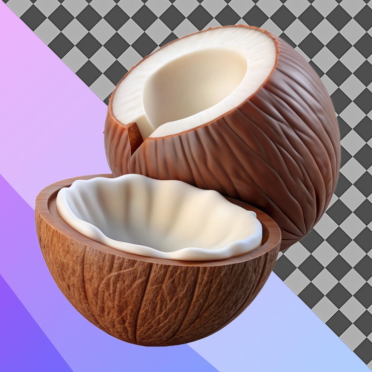 PSD renderizado en 3d de un coco cortado a la mitad que muestra carne blanca y leche