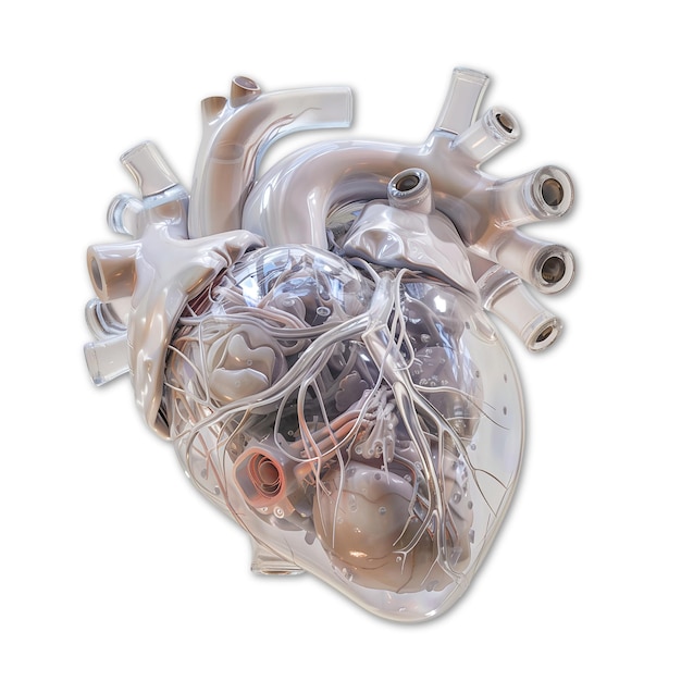 Renderizado en 3D de un corazón artificial futurista con diseño transparente sobre un fondo transparente
